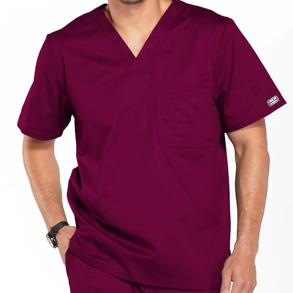 Core Stretch by Cherokee Workwear Men’s V-Neck Solid Scrub Top Sz XS Wine 4743 - Picture 2 of 11